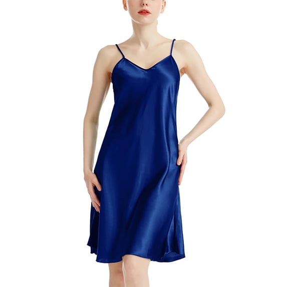 BESEW7 Summer Dresses for Women 2026, Satin V Neck Slim Fit Solid Color Casual Maxi Sundress, Soft Smooth Versatile Loungewear Dark Blue XXXL