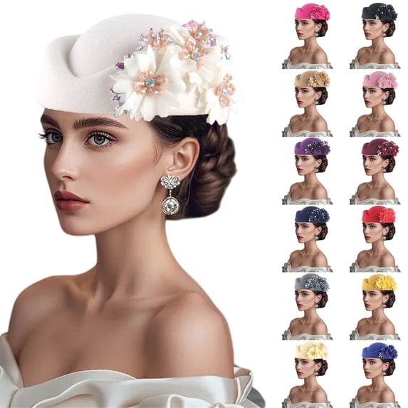 BESEW7 Women Pillbox Hat with Flower Fascinator for Church Wedding Tea Party, Wool Fascinator Hostess Hat for Flight Attendant Costume Cocktail Formal Events White