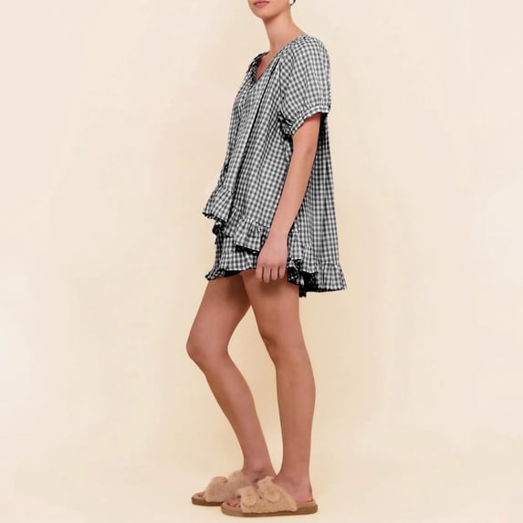 BESEW7 Women's Casual Summer Pajama Sets, Checkered Short Sleepwear with Ruffled Sleeves for Home Travel Beach Daily Wear Black XL