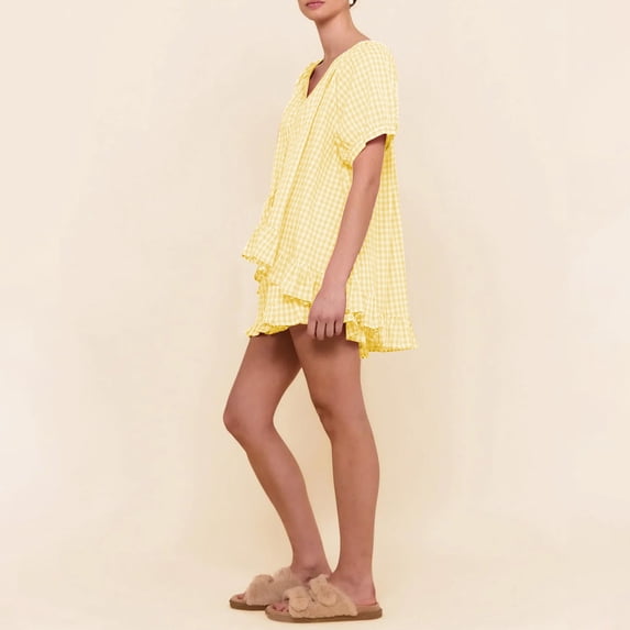 BESEW7 Women's Casual Summer Pajama Sets, Checkered Short Sleepwear with Ruffled Sleeves for Home Travel Beach Daily Wear Yellow XL