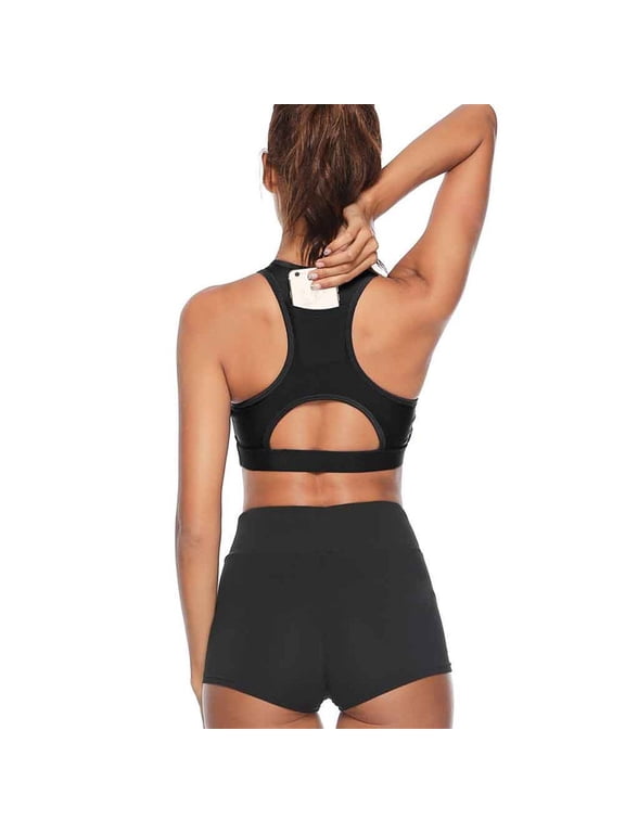 Women's High Support Sports Bras with Phone Pocket Racerback Seamless Yoga Bra for Running Daily High Impact Workout Black M