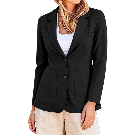 BESEW7 Women's Lightweight Business Casual Blazer, Cotton Linen Two Button Long Sleeve Suit Jacket for Work Travel Daily Office Black XL
