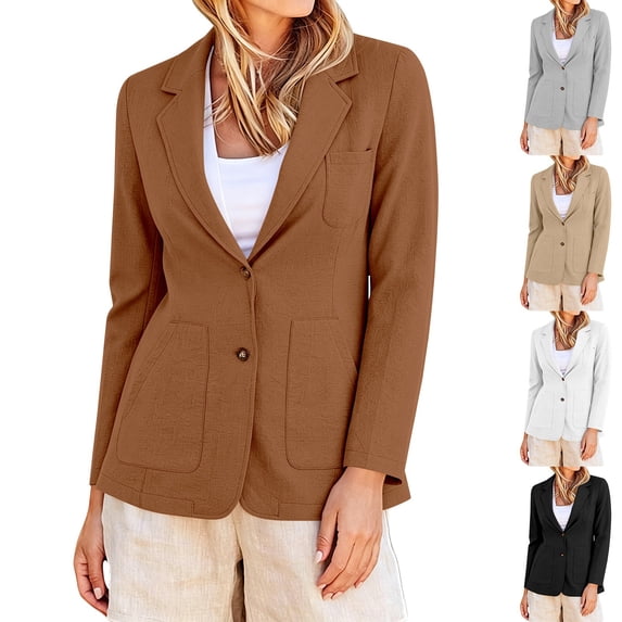BESEW7 Women's Lightweight Business Casual Blazer, Cotton Linen Two Button Long Sleeve Suit Jacket for Work Travel Daily Office Brown S