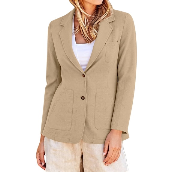 BESEW7 Women's Lightweight Business Casual Blazer, Cotton Linen Two Button Long Sleeve Suit Jacket for Work Travel Daily Office Khaki XXL