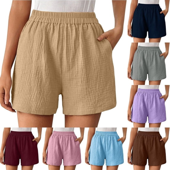 BESEW7 Womens Summer Quick Dry Athletic Shorts with Pockets, High Waist Elastic Lightweight Breathable Shorts for Walking Gym Workout Casual Training Beige S