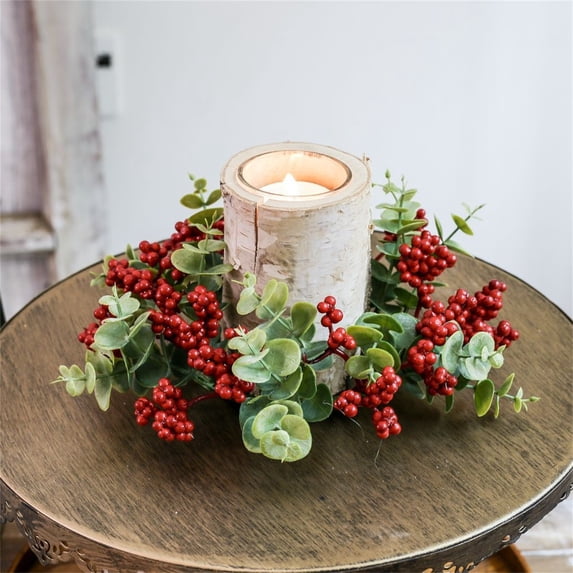 BESEW7 Wreath Candle Holder, Farmhouse Candle Holder with Holly Leaves and Red Berries, Fall Garland Decor for Halloween Thanksgiving Mantel Table Centerpiece
