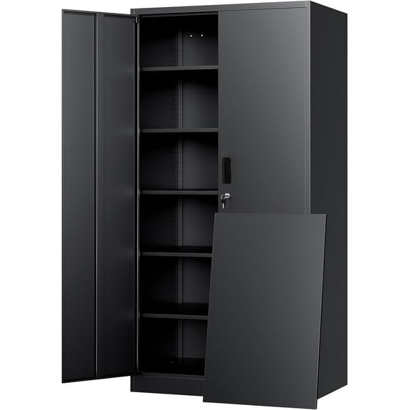 BESFUR Metal Cabinet with 5 Adjustable Shelves and Doors, Locking Storage Cabinet for Garage, Classroom and Office - Black