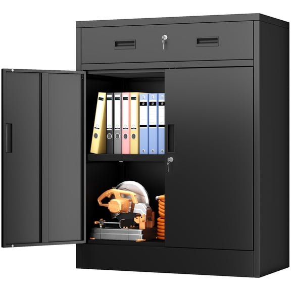 BESFUR Metal Cabinet with Oversized Drawer and Adjustable Shelf, for Office, Garage, Home - Black