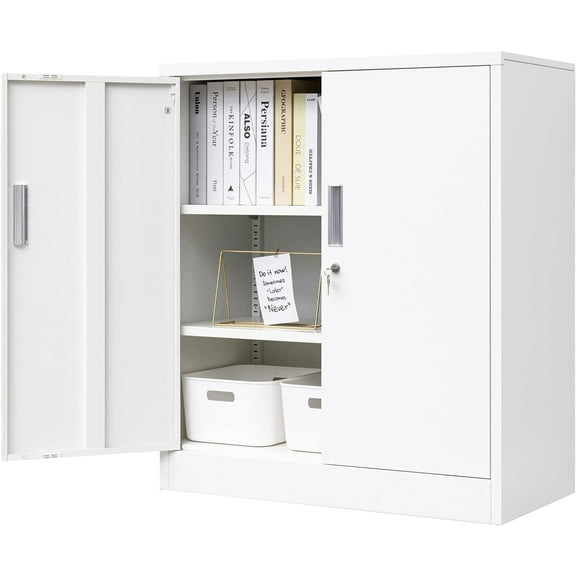 BESFUR Metal Garage Storage Cabinet with 2 Locking Doors and 2 Adjustable Shelves, 36" White Metal Short Storage Cabinet for Home Office, Garage,School,Utility Room