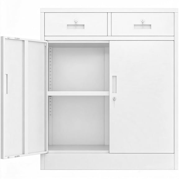 BESFUR Metal Garage Storage Cabinet with Two Lockable Drawers 2 Locking Doors and an Adjustable Shelf, 36" White Metal Short Storage Cabinet for Home Office, Garage,School,Utility Room