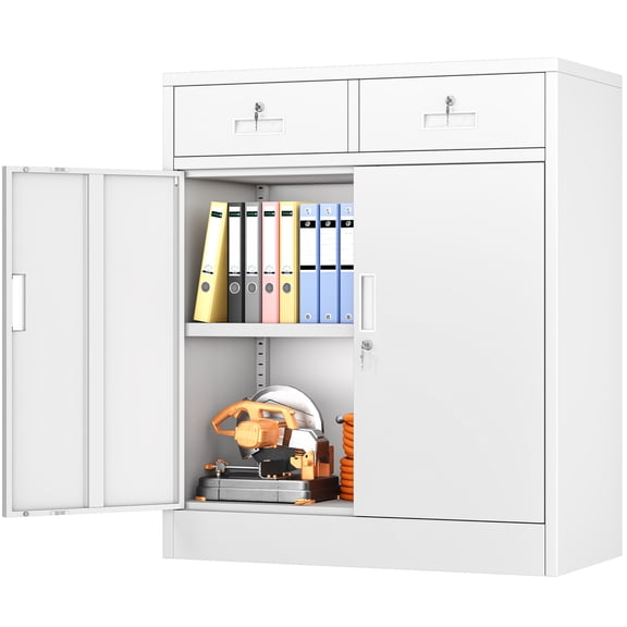 BESFUR Metal Garage Storage Cabinet with Two Lockable Drawers 2 Locking Doors and an Adjustable Shelf, 36" White Metal Short Storage Cabinet for Home Office, Garage,School,Utility Room