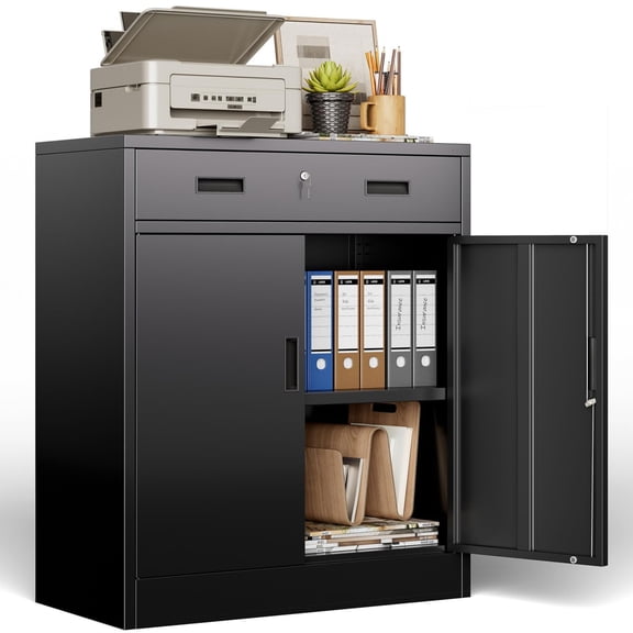 BESFUR Metal Garage Storage Cabinet with 2 Doors and 2 Drawers, Locking Stoage Cabinet for Garage, Classroom and Office - Black