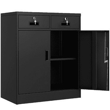 BESFUR Metal Garage Storage Cabinet with 2 Doors and 2 Drawers, Locking Stoage Cabinet for Garage, Classroom and Office - Black
