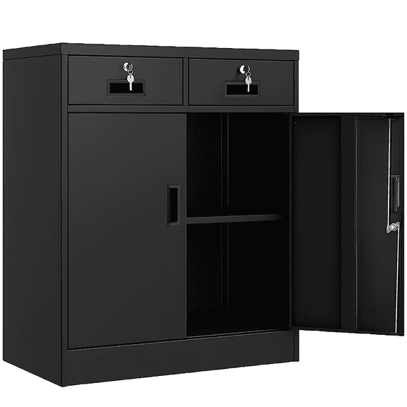 BESFUR Metal Garage Storage Cabinet with 2 Doors and 2 Drawers, Locking Stoage Cabinet for Garage, Classroom and Office - Black