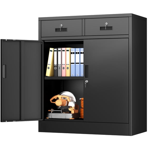 BESFUR Metal Garage Storage Cabinet with 2 Doors and 2 Drawers, Locking Stoage Cabinet for Garage, Classroom and Office - Black