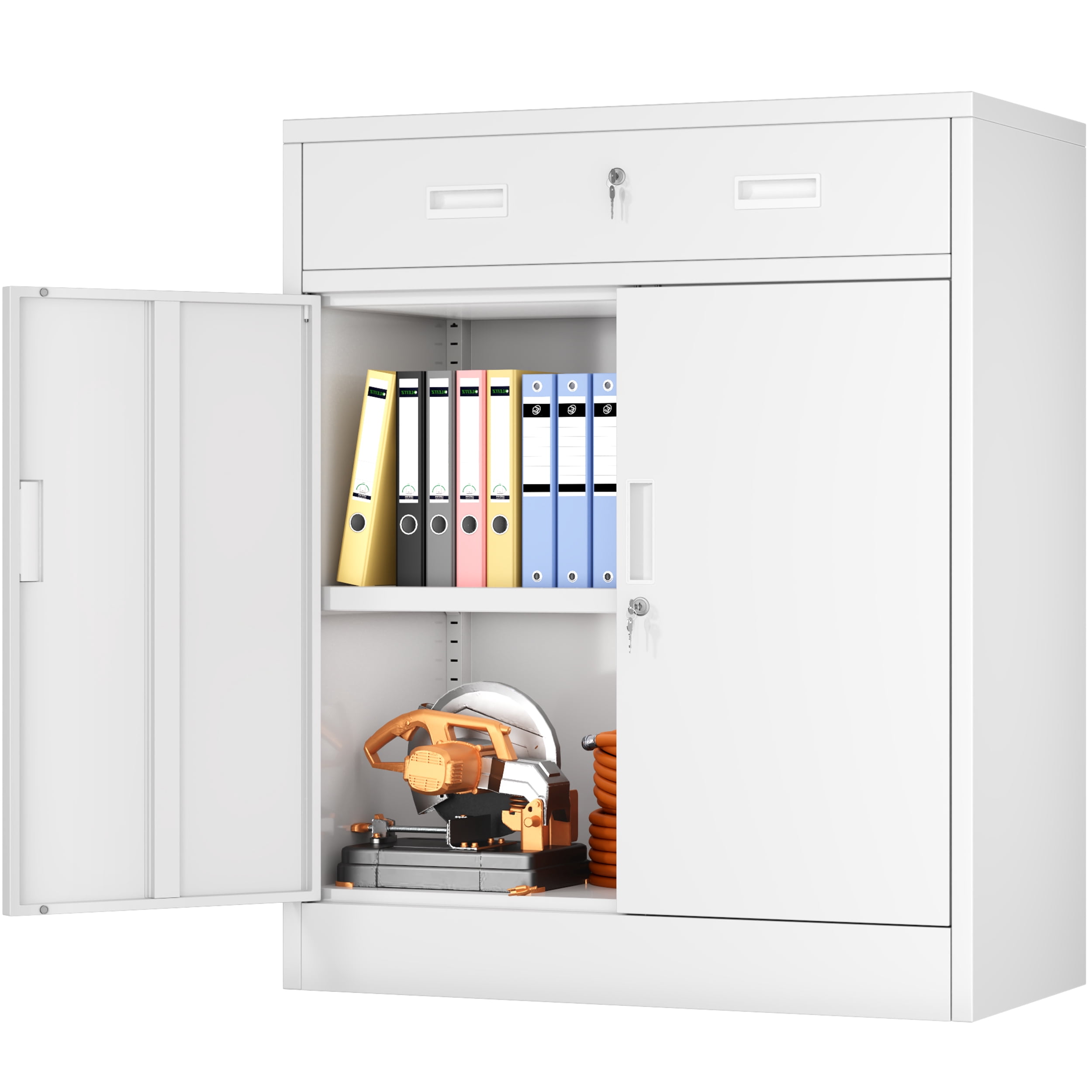 BESFUR Metal Garage Storage Cabinet with 2 Doors and 1 Drawer, Locking Stoage Cabinet for Garage, Classroom and Office - White