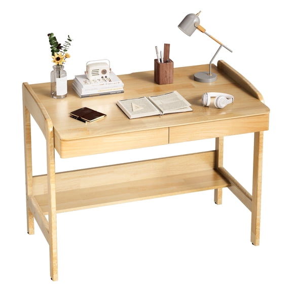 BESKADI 100% Solid Wood Desk with Drawers - 40 Inch Mid Century Modern Desk, Vintage Desks with Shelf, Adjustable Height Writing Computer Desks - Natural Oak Desk