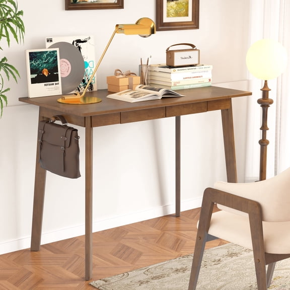 BESKADI Solid Wood Desk with Drawers - 40 Inch Mid Century Desk, Vintage Desks with 2 Hooks, Simple Writing Study Table, Home Office Computer Desks for Bedroom, Living Room & Office, Walnut Color