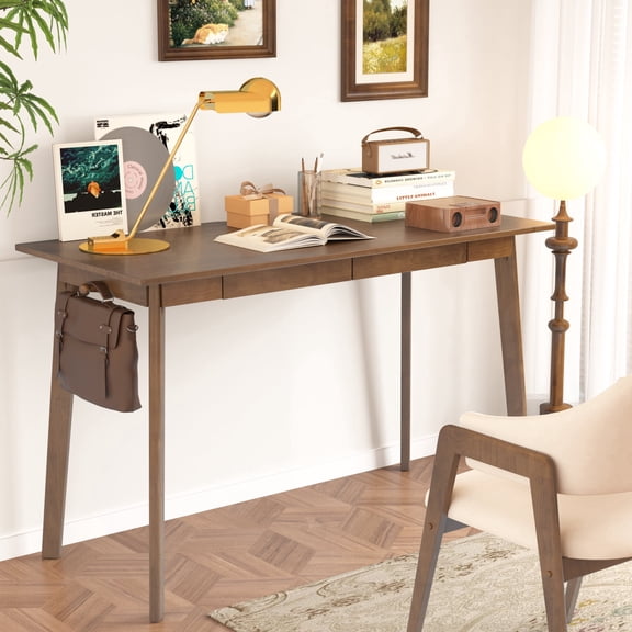 BESKADI Solid Wood Desk with Drawers - 48 Inch Mid Century Desk, Vintage Desks with 2 Hooks, Simple Writing Study Table, Home Office Computer Desks for Bedroom, Living Room & Office, Walnut Color