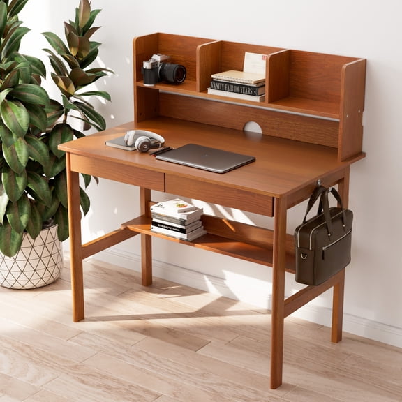 BESKADI Solid Wood Desk with Drawers & Shelves - 39 Inch Mid Century Modern Desks, Computer Desk with Hutch, Vintage Desks with Bookshelf & Hooks, Writing Study Table for Bedroom&Home-Dark Wood Color