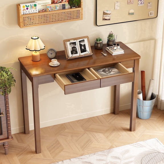 BESKADI Solid Wooden Desk with Drawers - 39 x 16 Inch Narrow Desks, Rubberwood Mid Century Modern Desks, Small Writing Desk for Bedroom|Small Spaces - Walnut Color