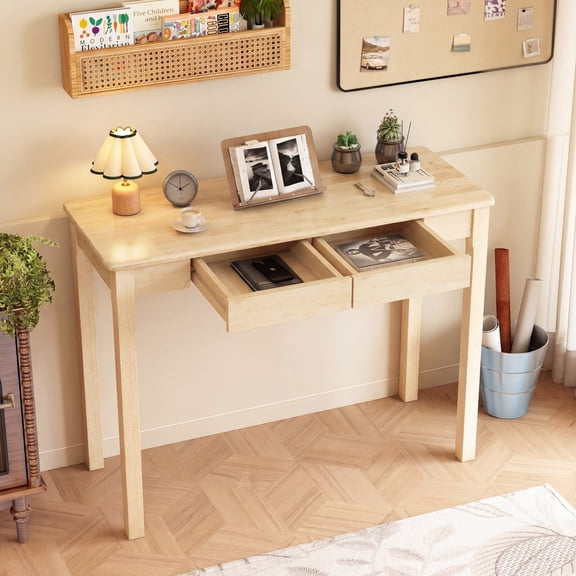 BESKADI Solid Wooden Desk with Drawers - 39 x 16 Inch Rubberwood Narrow Desks, Simple Modern Study Table, Small Writing Desk for Bedroom|Small Spaces - Natural Boho Desks