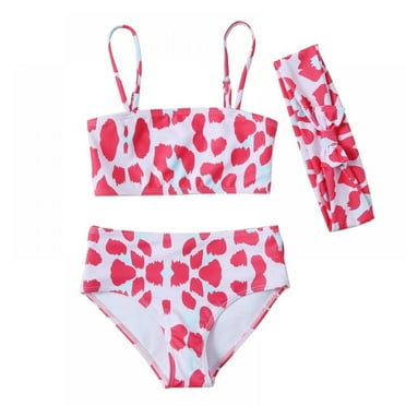 BESLY 1-5Years Girl's Bikini Beach Sport 3-Piece Swimsuits Solid High Waist Bikini Bathing Suit Set with Headband