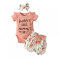 thumbnail image 1 of BESLY 3Pcs Newborn Baby Girl Clothes Outfits Set Short-Sleeved Letter Pit Striped Top Floral Bow Shorts Headband Infant, 1 of 5