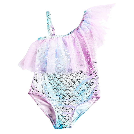 BESLY Cute Girl Fish Scale Print One Piece Bathing Suit Cutout Back Scoop Neck Swimsuit