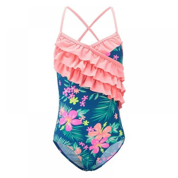 BESLY Little/Big Girls' Ruffle Swimsuit One Piece Bathing Suit Cute Floral Print Beauty Back Suspender Bodysuit Swimwear Beachwear