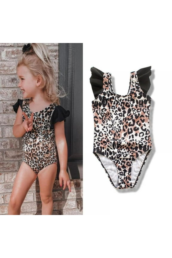 Toddler Girls Leopard Print Swimsuit One Piece Off Shoulder Quick Dry Bathing Suit with Ruffled 3-8 Years