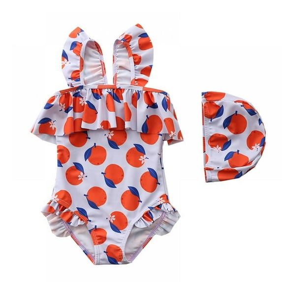 BESLY Toddler Little Girls Ruffled Swimsuits 1-7T One-Piece Beach Swimwear Chid Sunsuit with Swim Caps