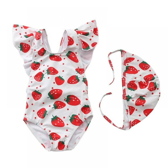 BESLY Toddler Little Girls Ruffled Swimsuits 1-7T One-Piece Beach Swimwear Chid Sunsuit with Swim Caps