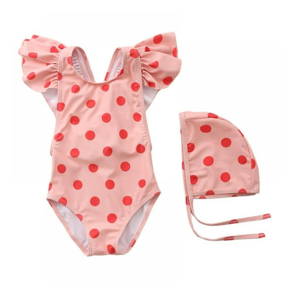 BESLY Toddler Little Girls Ruffled Swimsuits 1-7T One-Piece Beach Swimwear Chid Sunsuit with Swim Caps
