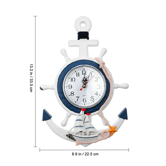 BESPORTBLE Mediterranean Style Anchor Clock Sea Theme Nautical Ship Wheel Hanging Clock Decoration