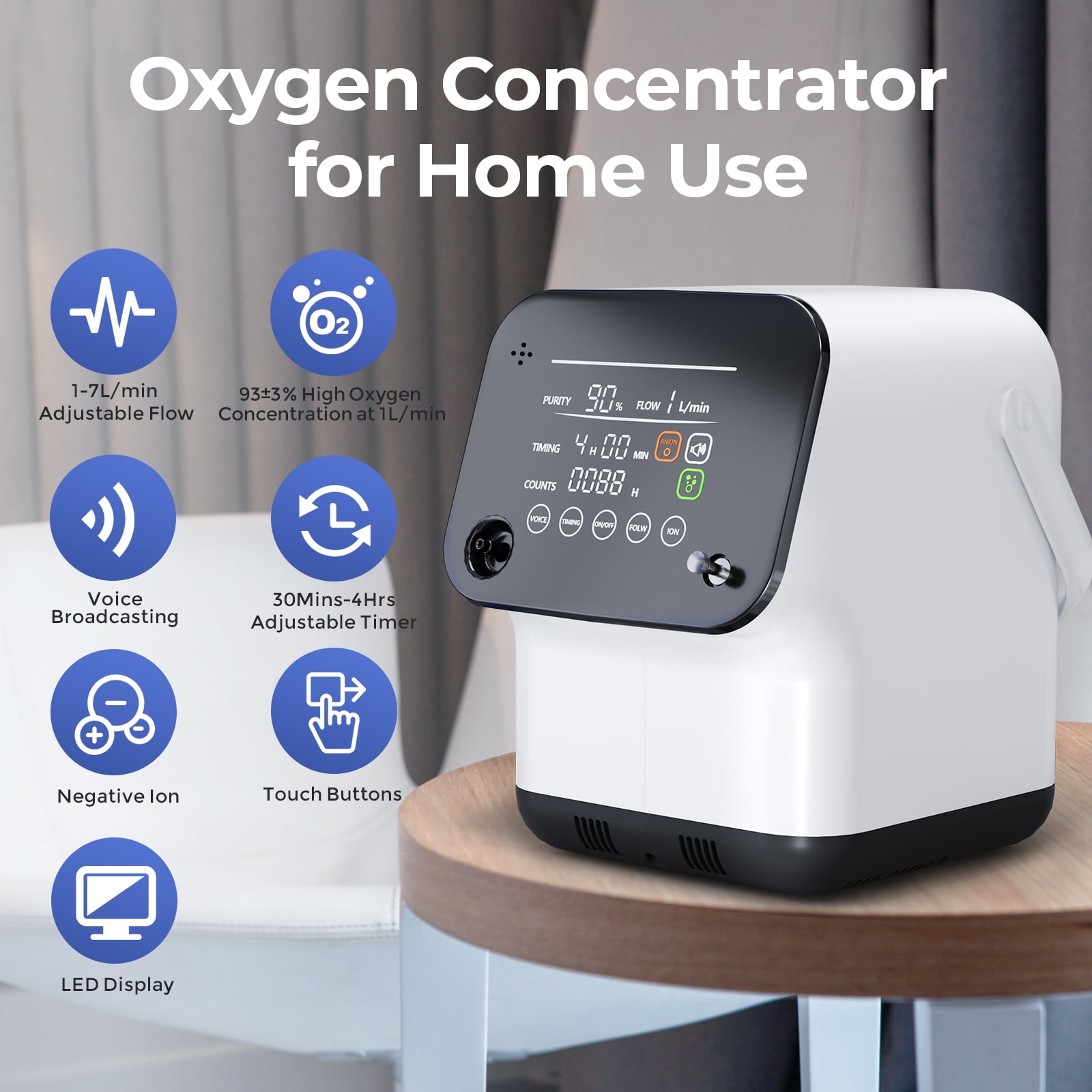 BESRTWE Home 1L/90% Oxygen Tube Machine& 1-7Level Adjusable 30%~90% Concentrator oxigeno th full-Accessories, 12Lbs,AC/110V