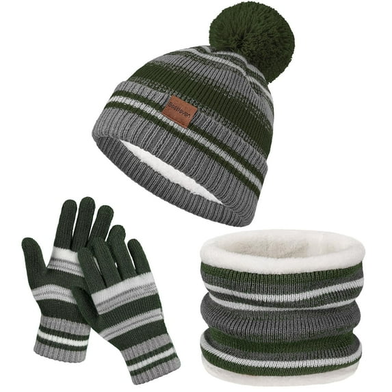 BESSTEVEN Kids Winter Hat Gloves Scarf Set: Girls Boys Beanie Hats Gloves Knit Set with Thick Warm Fleece Lined For Ages 6-10 Children