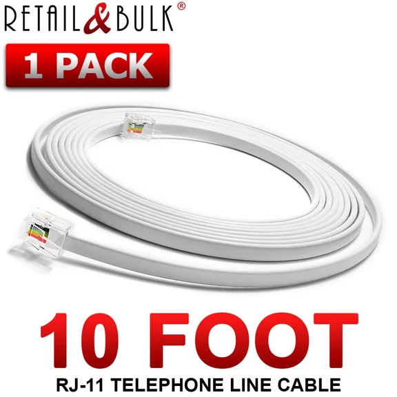BEST- 10 Foot Telephone Cord Rj11 (6P4C) Professional Grade Phone Line Cable, White