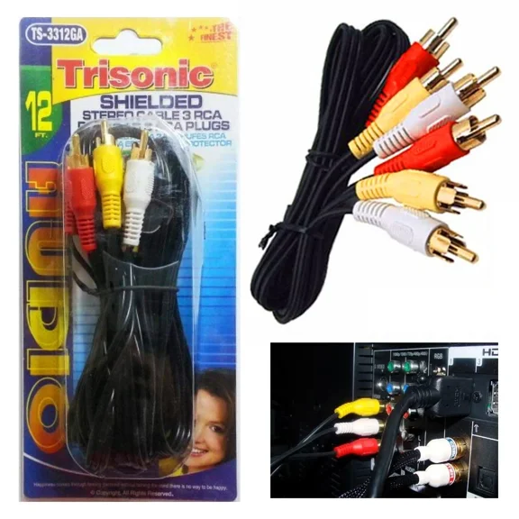 BEST- 12Ft Shielded Stereo Cable Rca Plug Av Audio Video Dvd Vcr Tv Gold Plated Jacks