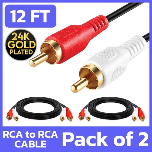 BEST- 2 Pack Twin Rca Cable 12Ft Phono Audio Red White Cord Male To Male Mixer Stereo