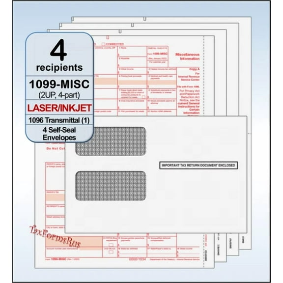 BEST- 2024 Irs Tax Forms Kit:: 1099-Misc Laser 4 Recipients+Envelopes+(1)1096, Miscs4E