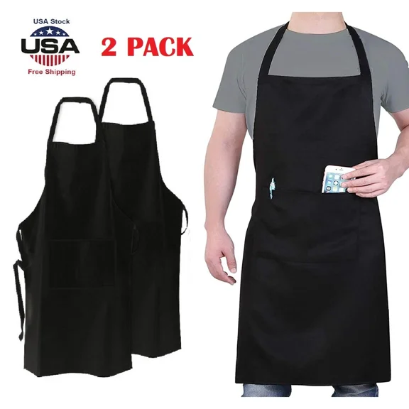BEST- 2Pcs Waterproof Chef Apron Black Catering Cooking Kitchen Butcher W/ 2 Pocket Us