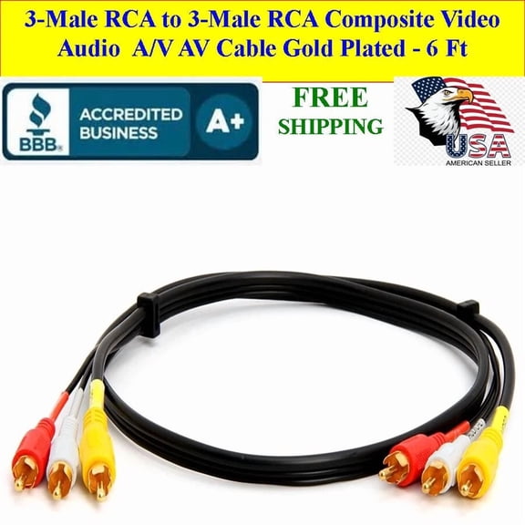 BEST- 3 Connector Male To Male Rca Composite Video Audio Av Cable Gold Plated 6 Ft