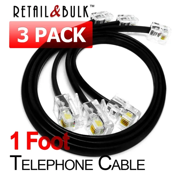 BEST- ( 3 Pack ) 1 Foot Short Telephone Cable Rj11 (6P4C) 12In Phone Line Cord, Black