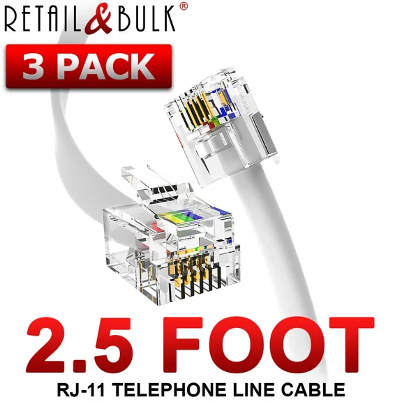 BEST- (3 Pack) 2.5 Foot Telephone Cable Rj11 (6P4C) Phone Line Cord, White