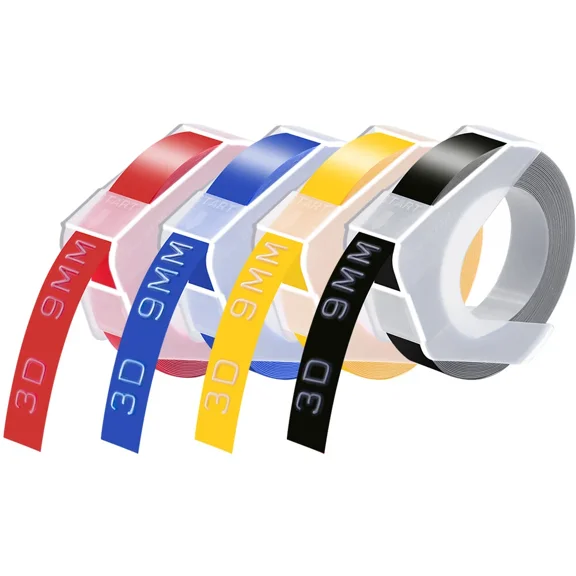BEST- 4Pk 3D Embossing Tape For Dymo Motex Label Maker 9Mm Red Blue Yellow Black