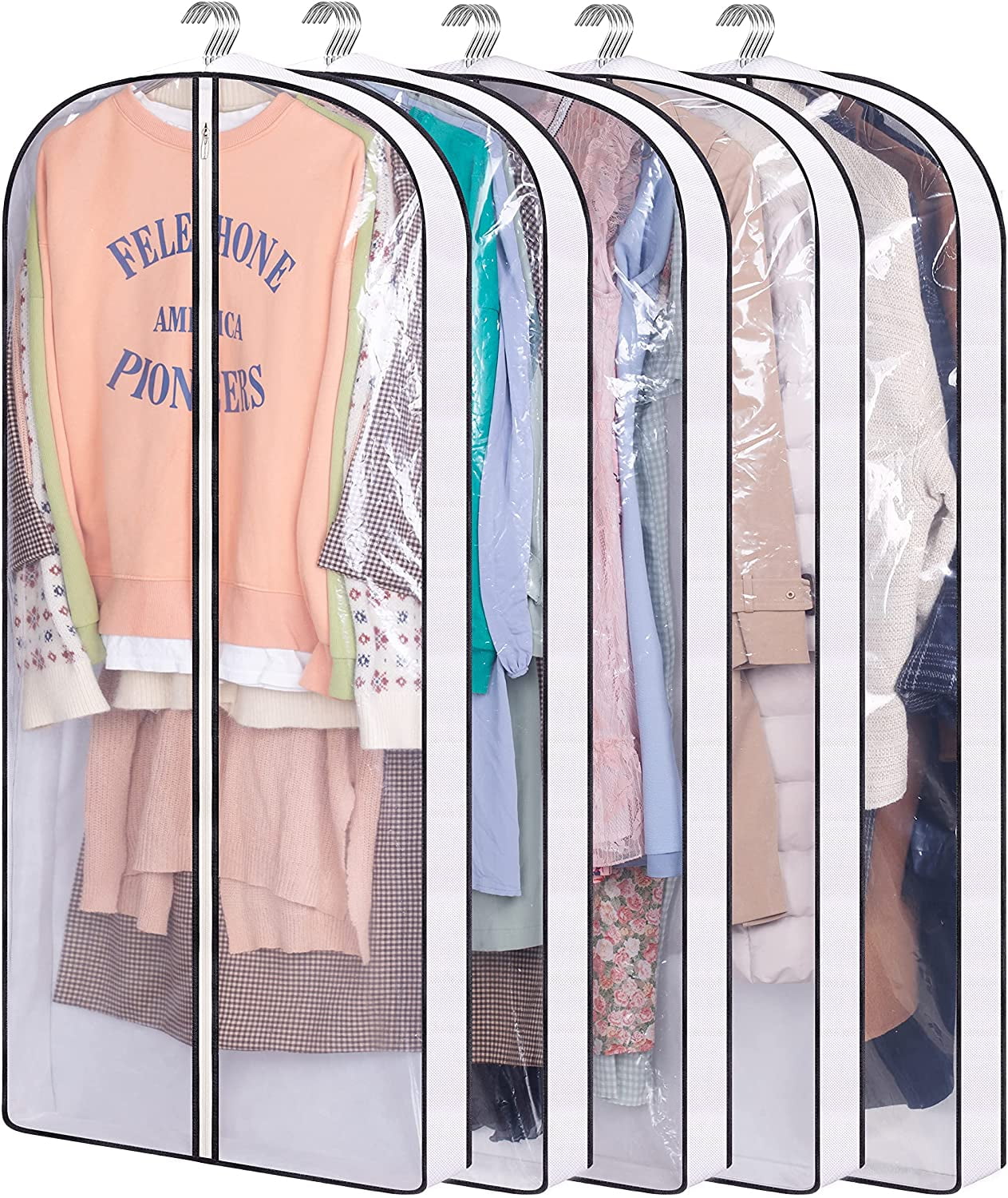 BEST 50 Garment Bags for Travel Suits Bag with 4 Gusset for Hanging Clothes Closet Organizer Storage Protector Cover Clear Moth Dust Proof Breathable for Sweater Coat Jacket Shirts 5 Packs White
