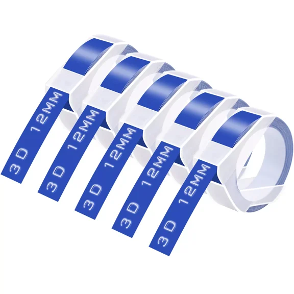 BEST- 5Pk For Dymo Label Maker 3D Embossing Plastic Label Tape A521206 White/Blue 12Mm