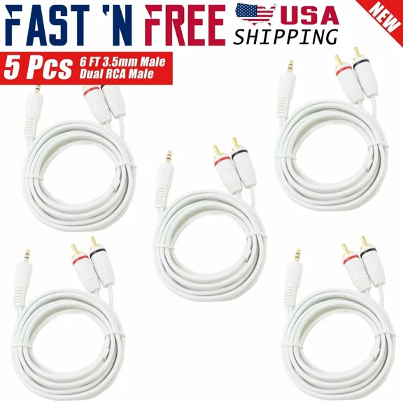 BEST- 5X 6 Feet 3.5Mm Aux Male To 2 Rca Male Stereo Audio Splitter Speaker Cable White