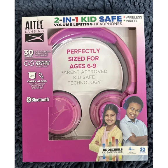 BEST- Altec Lansing Kid Safe 2-In-1 Bluetooth Wireless And Wired Headphones Pink